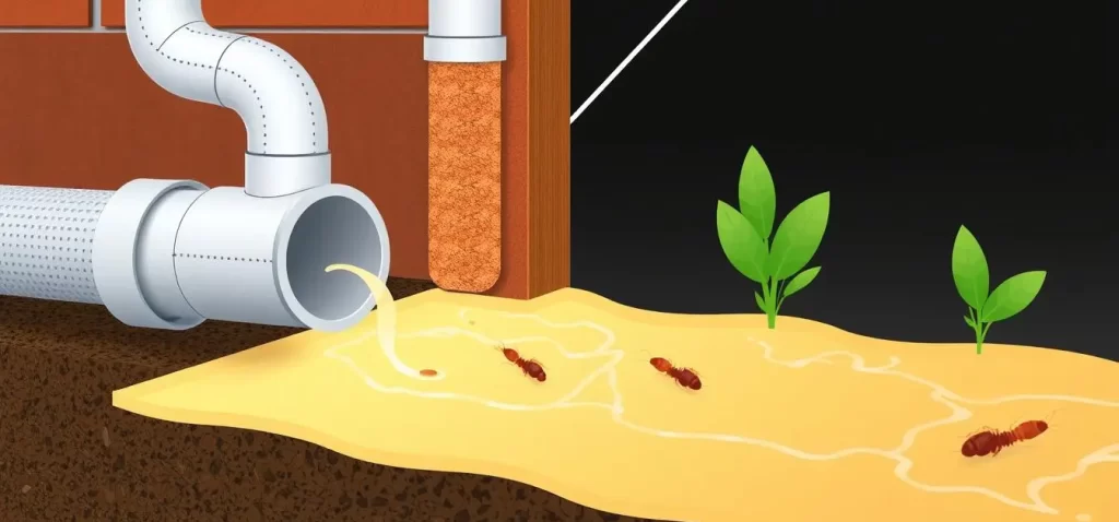 Anti-Termite Reticulation System in action showing termiticide distribution through pipes