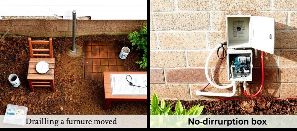 Comparison of traditional termite treatment vs reticulation system showing convenience differences